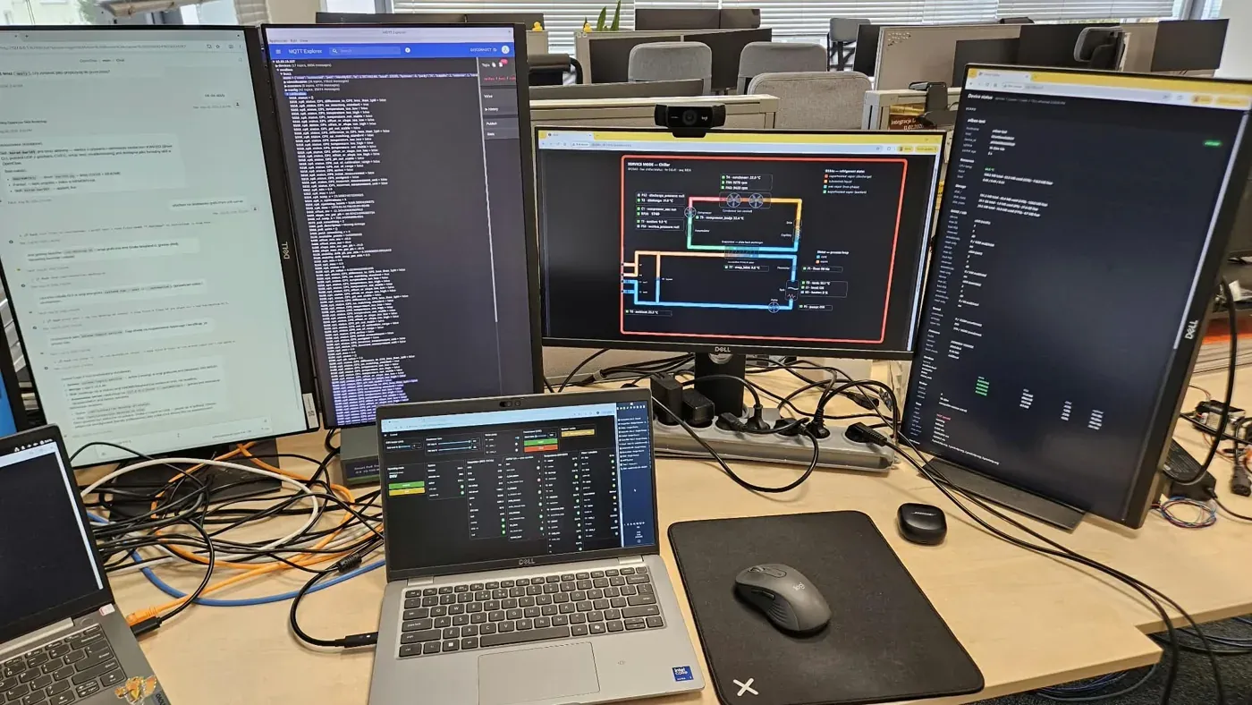 Several monitors showing a live process diagram, an MQTT message stream, device status and a captured waveform.