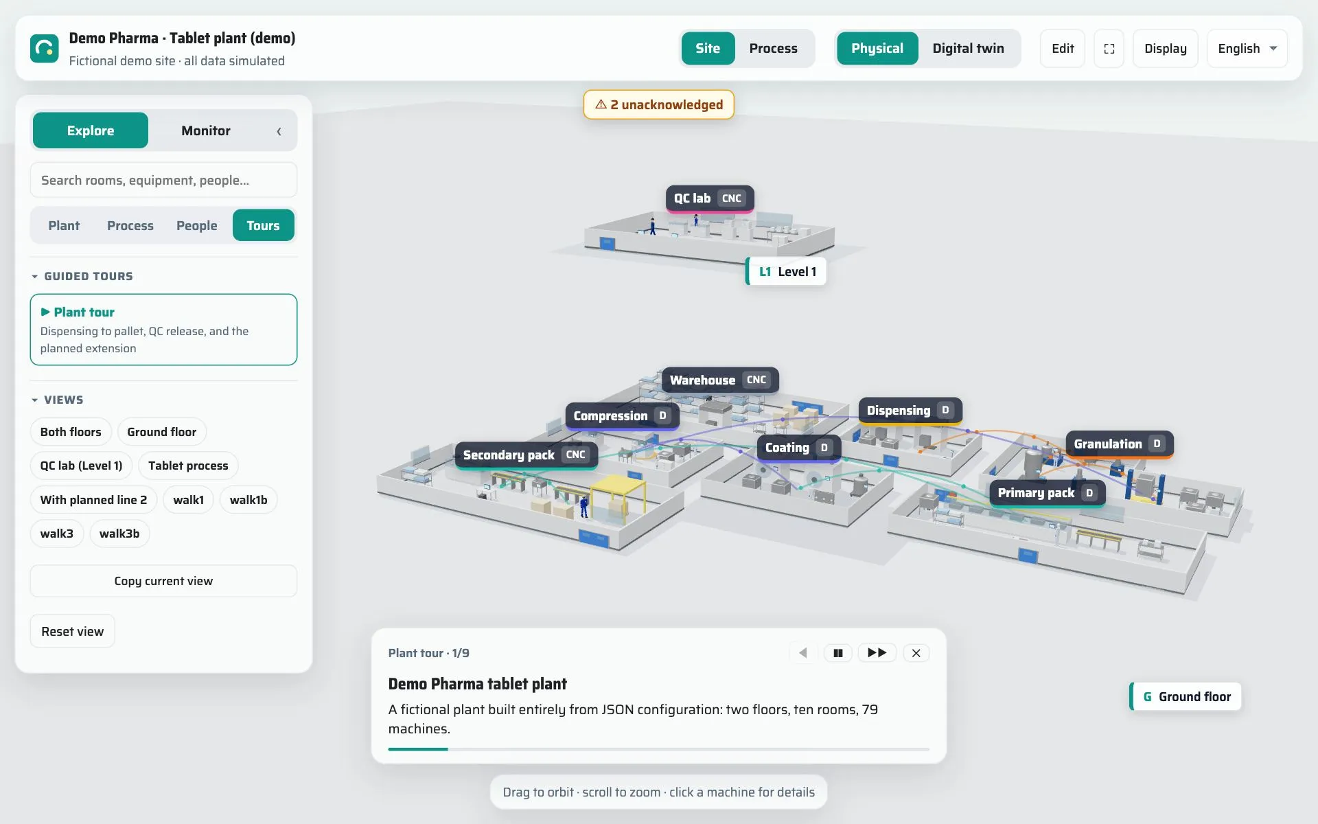 QB InSite showing a pharmaceutical tablet plant in 3D with a guided tour